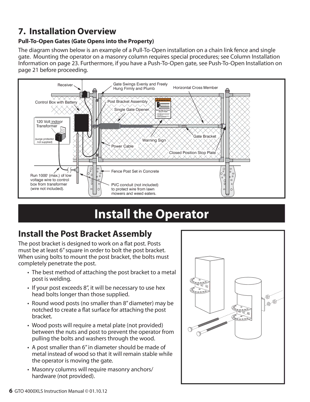 GTO 10, R4854 01, 12 installation manual Install the Operator, Installation Overview, Install the Post Bracket Assembly 