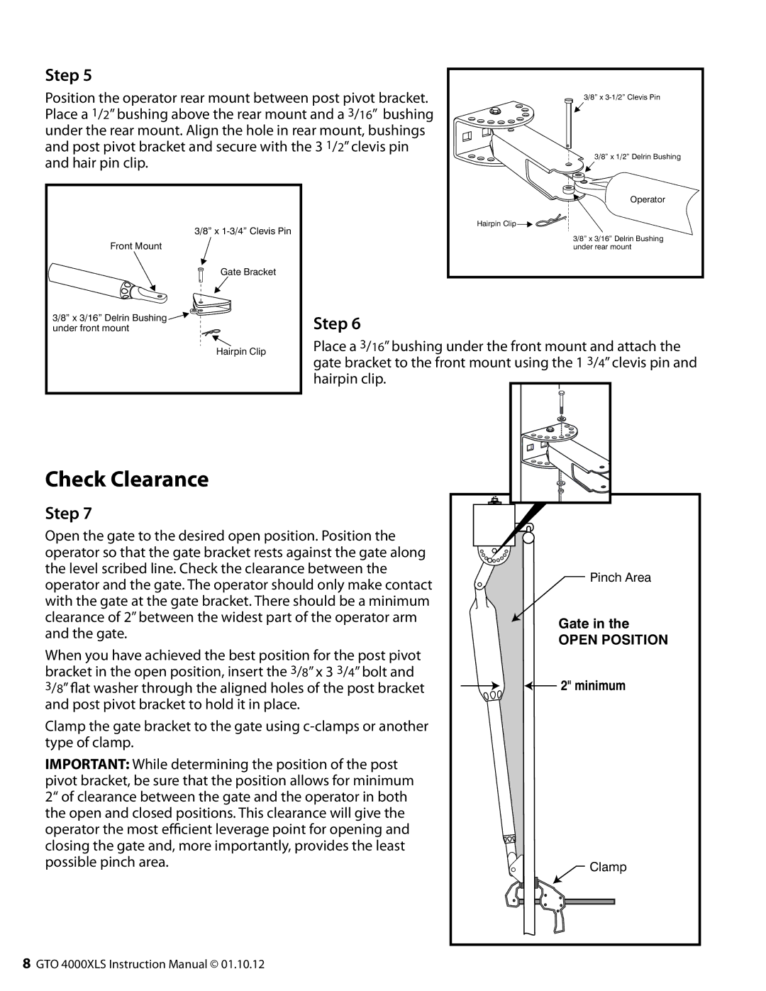 GTO R4854 01, 10, 12 installation manual Check Clearance, Hair pin clip 