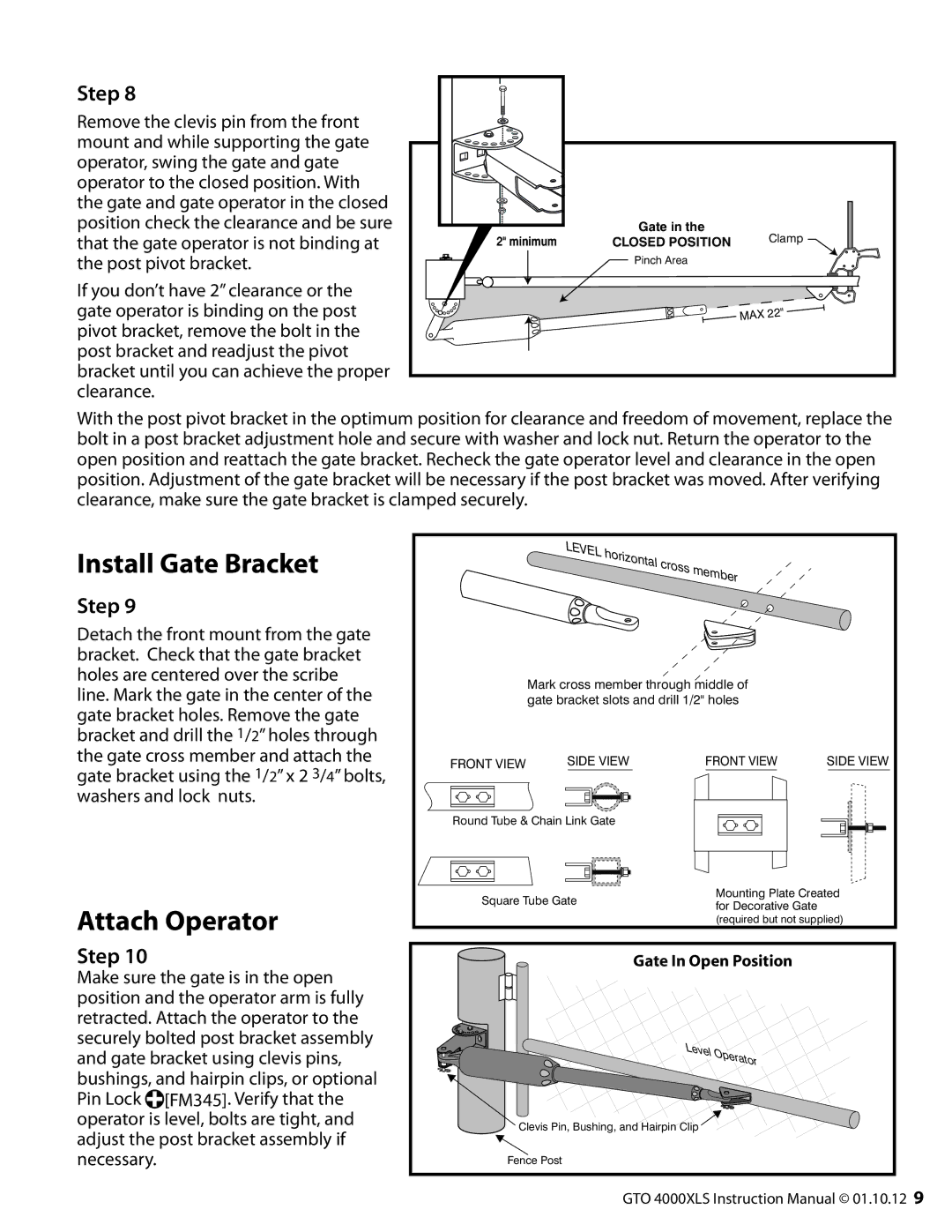 GTO 10, R4854 01, 12 installation manual Install Gate Bracket, Attach Operator 