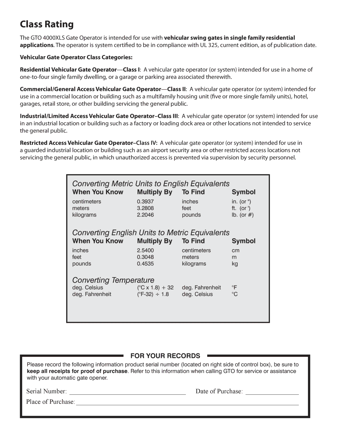 GTO 12, R4854 01, 10 installation manual Class Rating, When You Know Multiply By To Find, For Your Records 