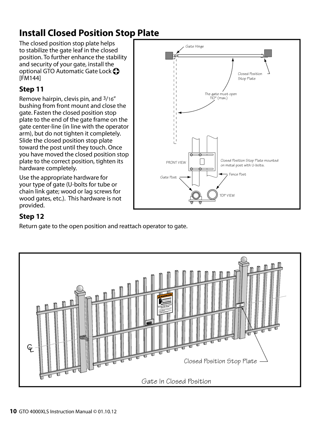 GTO 12, R4854 01, 10 installation manual Install Closed Position Stop Plate 