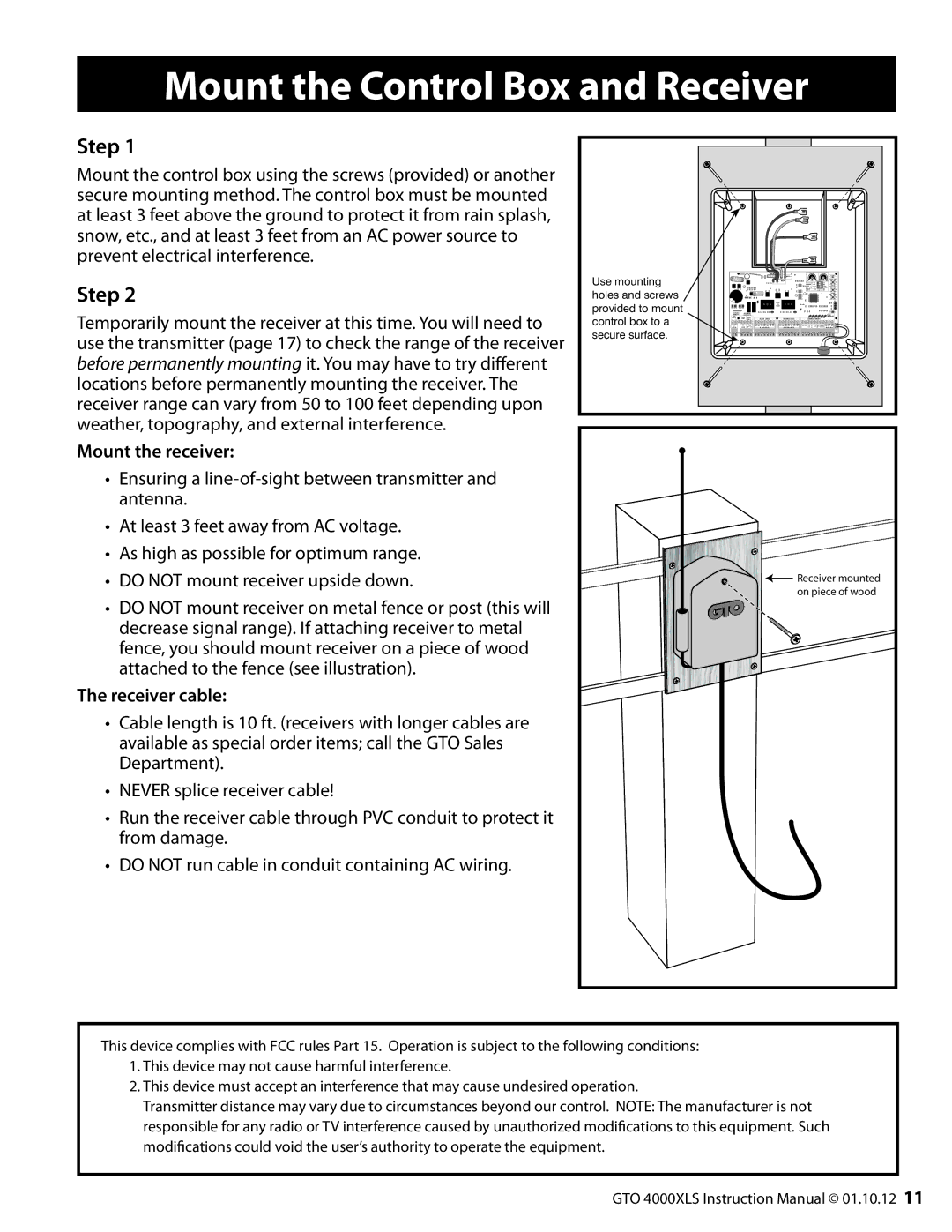 GTO R4854 01, 10, 12 installation manual Mount the Control Box and Receiver, Mount the receiver, Receiver cable 