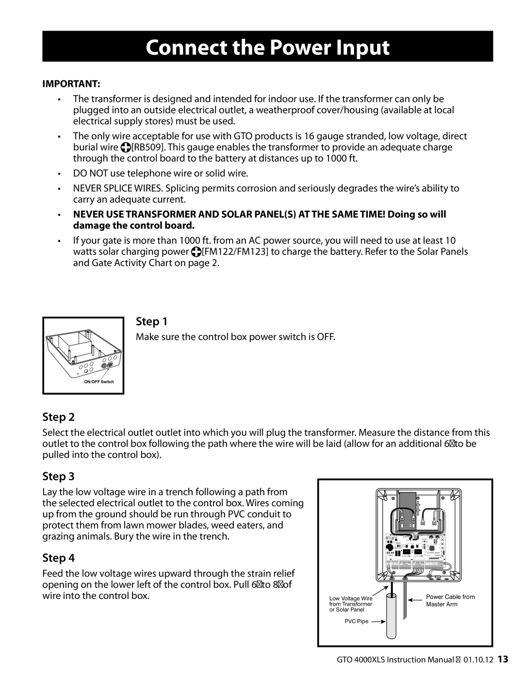 GTO 12, R4854 01, 10 installation manual Connect the Power Input 