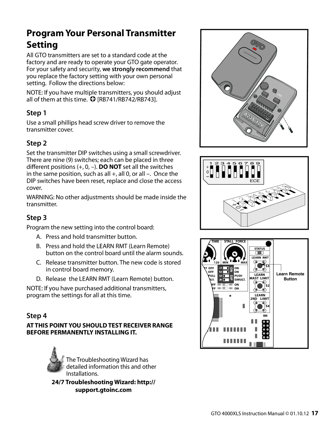 GTO R4854 01, 10, 12 Program Your Personal Transmitter Setting, 24/7 Troubleshooting Wizard http Support.gtoinc.com 