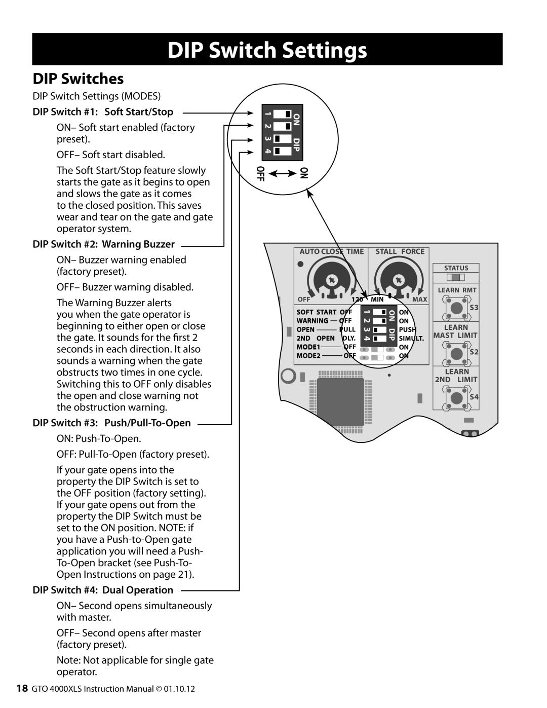 GTO 10, R4854 01, 12 installation manual DIP Switch Settings, DIP Switches 