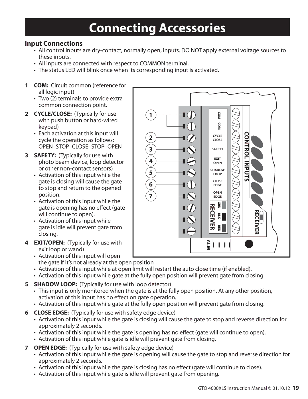 GTO 12, R4854 01, 10 installation manual Connecting Accessories, Input Connections 