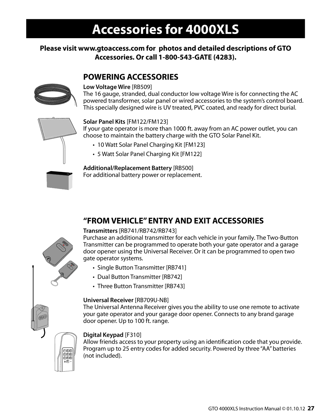 GTO 10, R4854 01, 12 installation manual Accessories for 4000XLS 