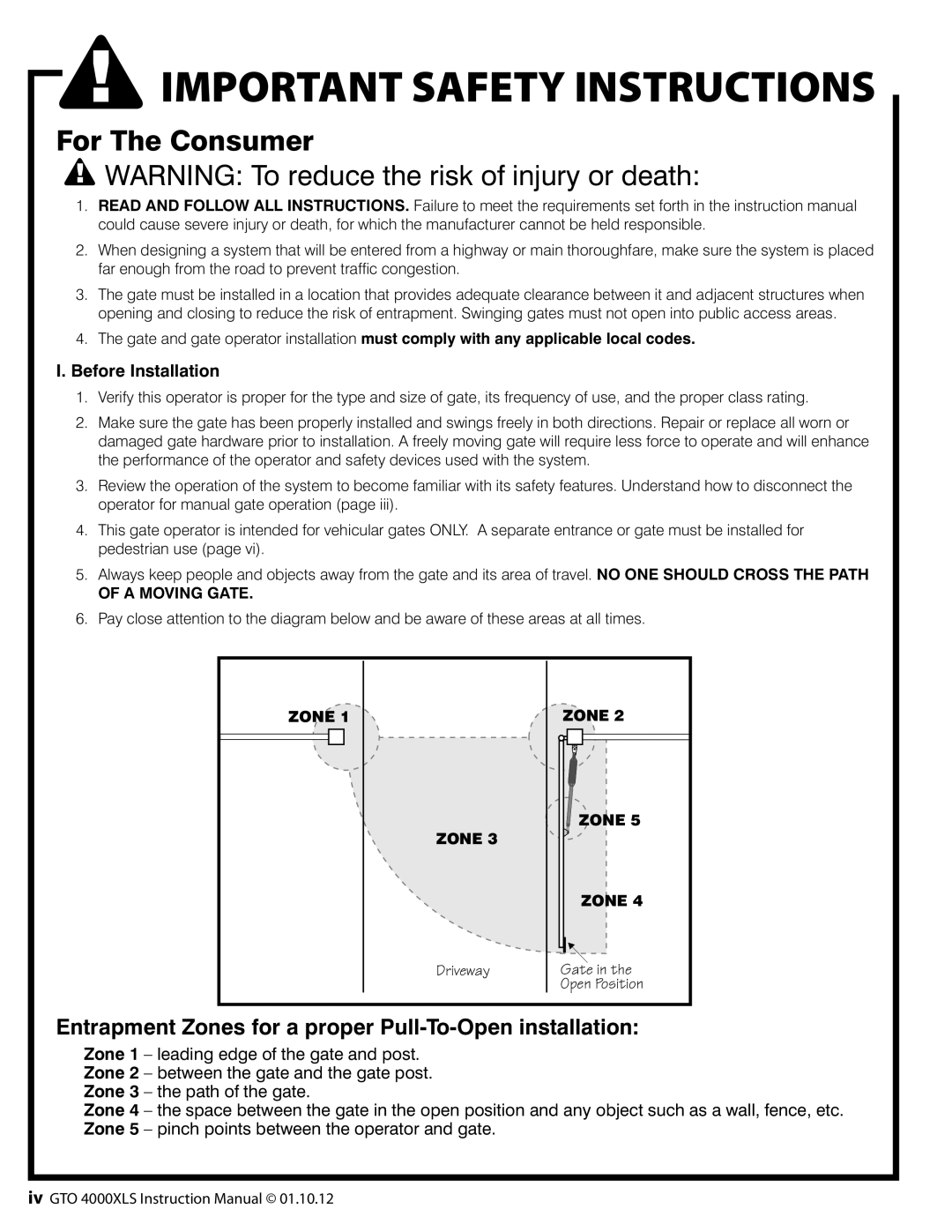 GTO R4854 01, 10, 12 installation manual Important Safety Instructions, For The Consumer 