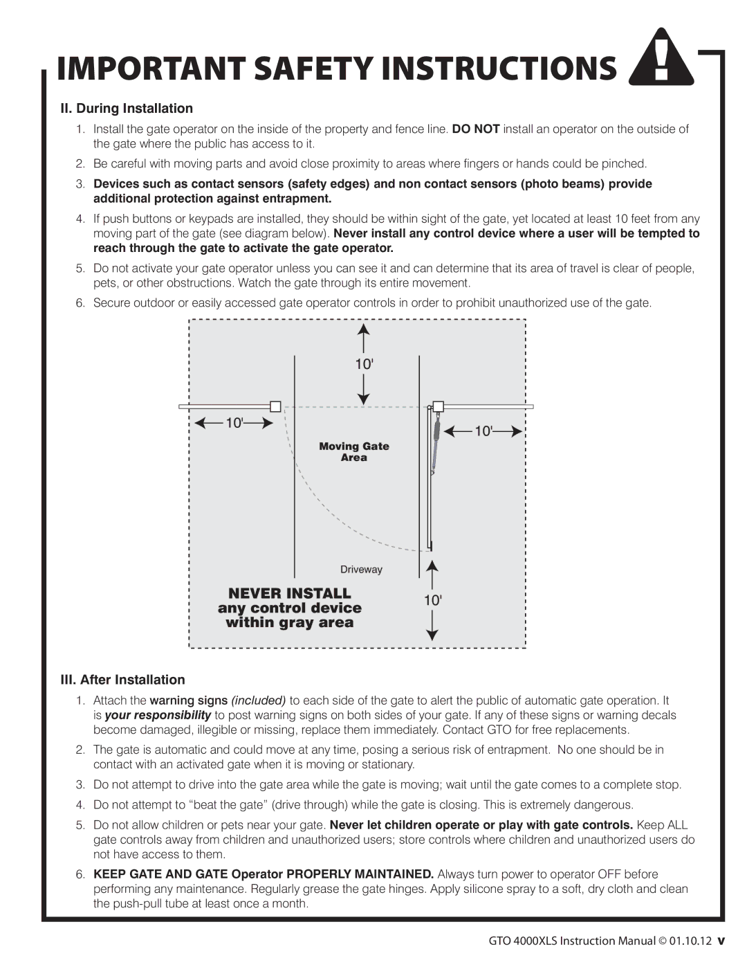 GTO 10, R4854 01, 12 installation manual Never Install, Any control device Within gray area 