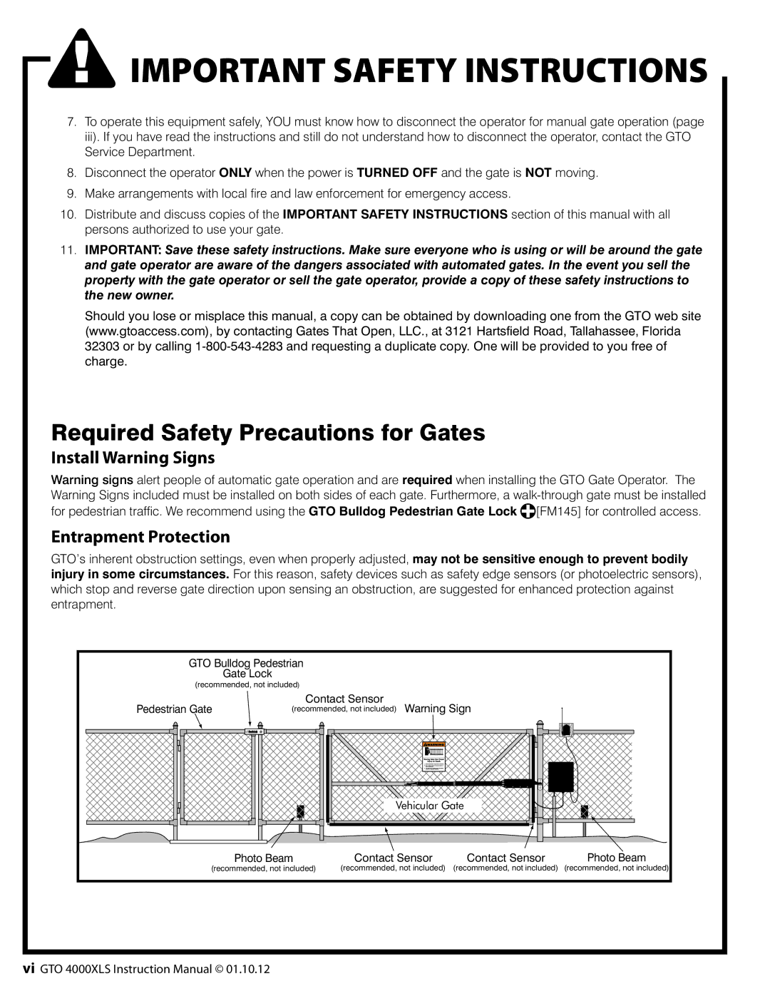 GTO 12, R4854 01, 10 installation manual Required Safety Precautions for Gates, Install Warning Signs Entrapment Protection 