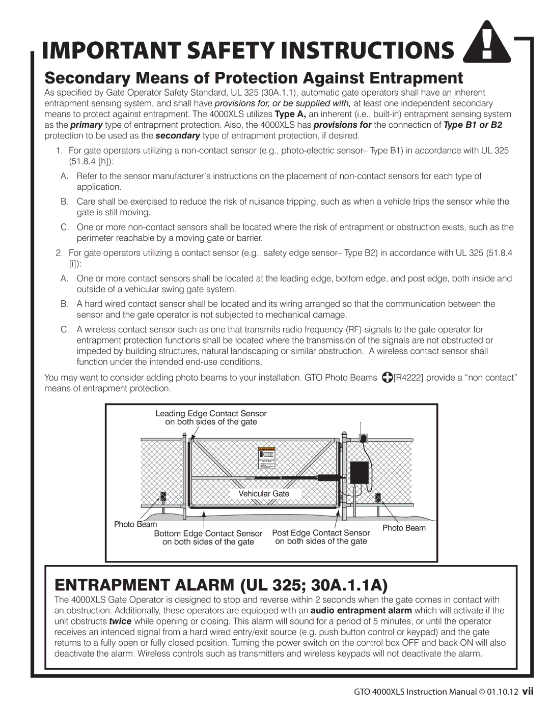 GTO R4854 01, 10, 12 installation manual Secondary Means of Protection Against Entrapment, Entrapment Alarm UL 325 30A.1.1A 