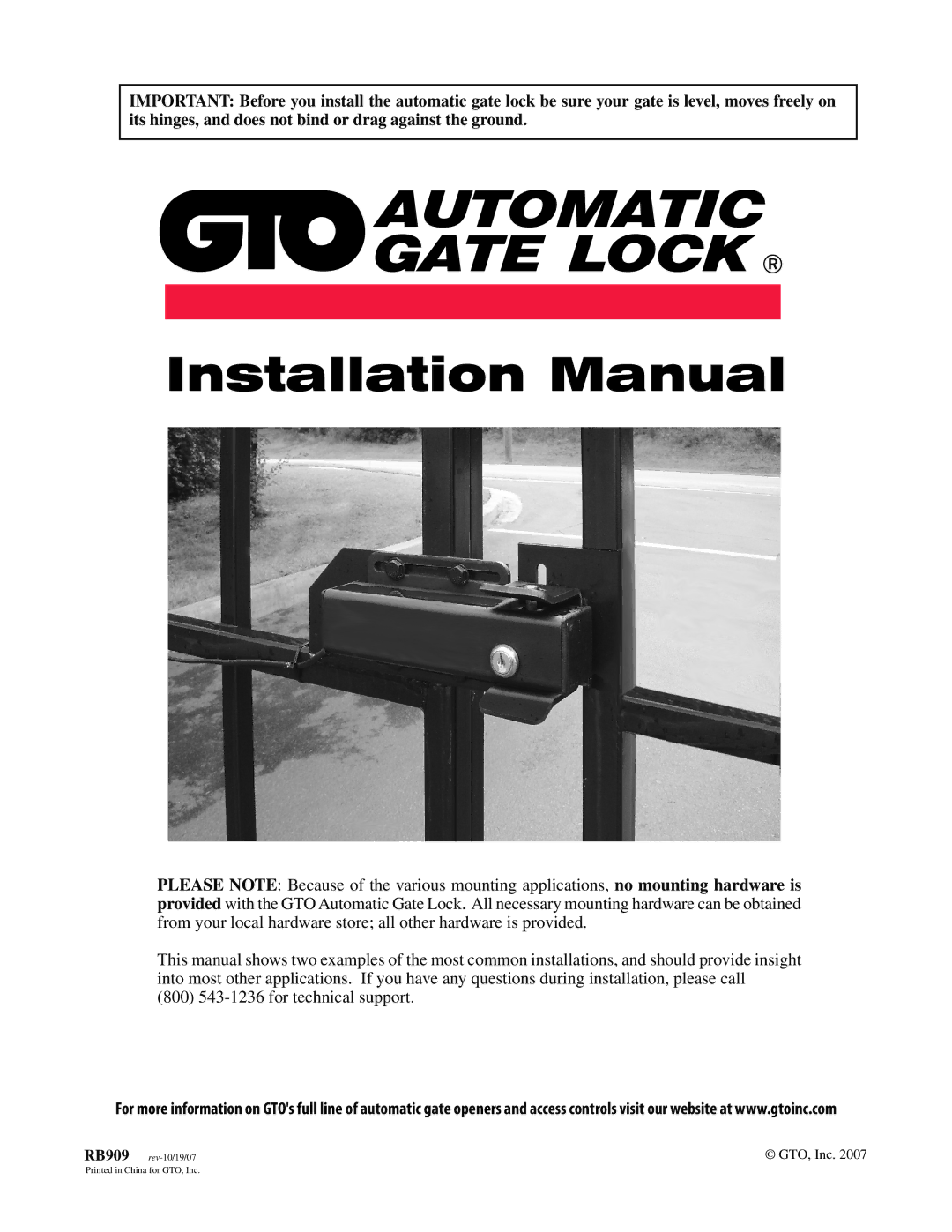 GTO RB909 installation manual Automatic Gate Lock 