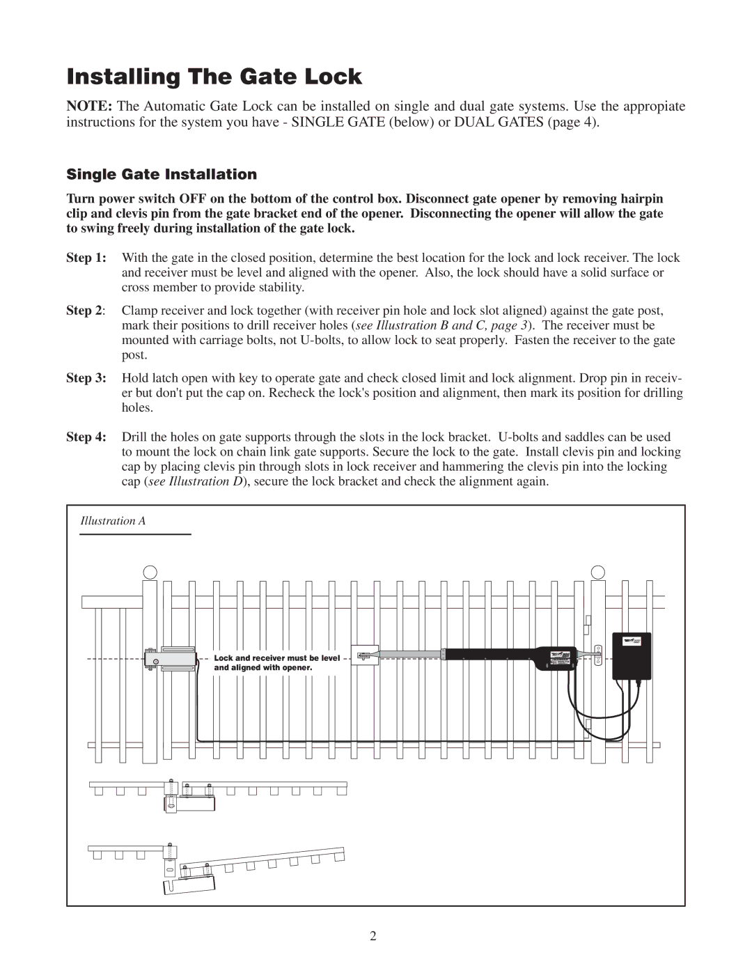 GTO RB909 installation manual Installing The Gate Lock, Single Gate Installation 