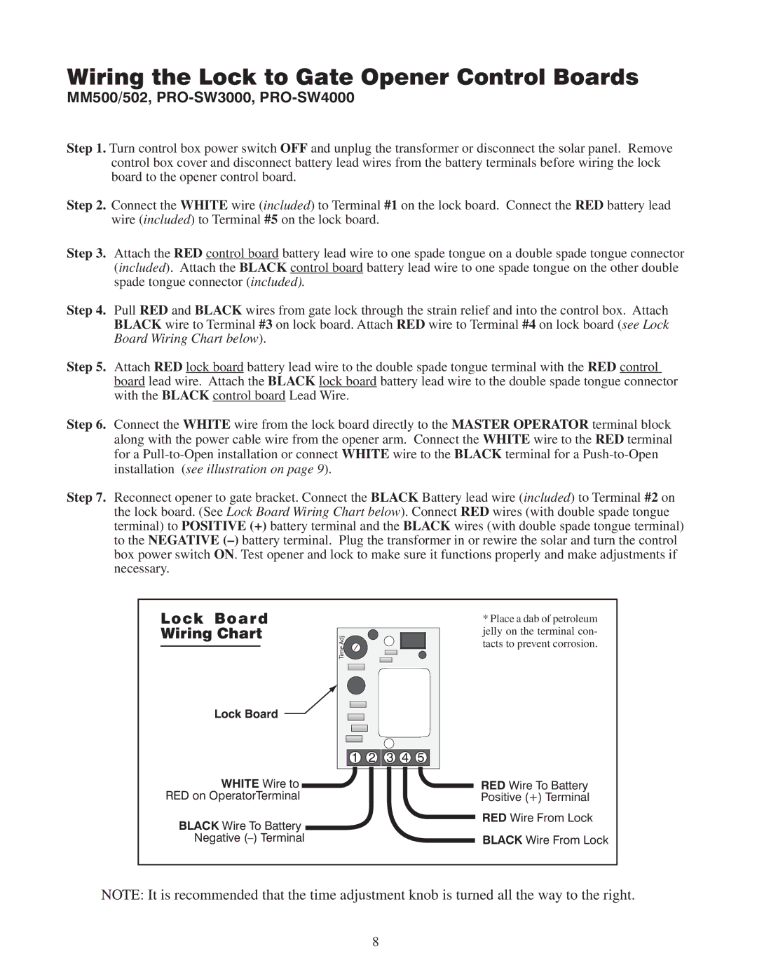 GTO RB909 installation manual Wiring the Lock to Gate Opener Control Boards, MM500/502, PRO-SW3000, PRO-SW4000 