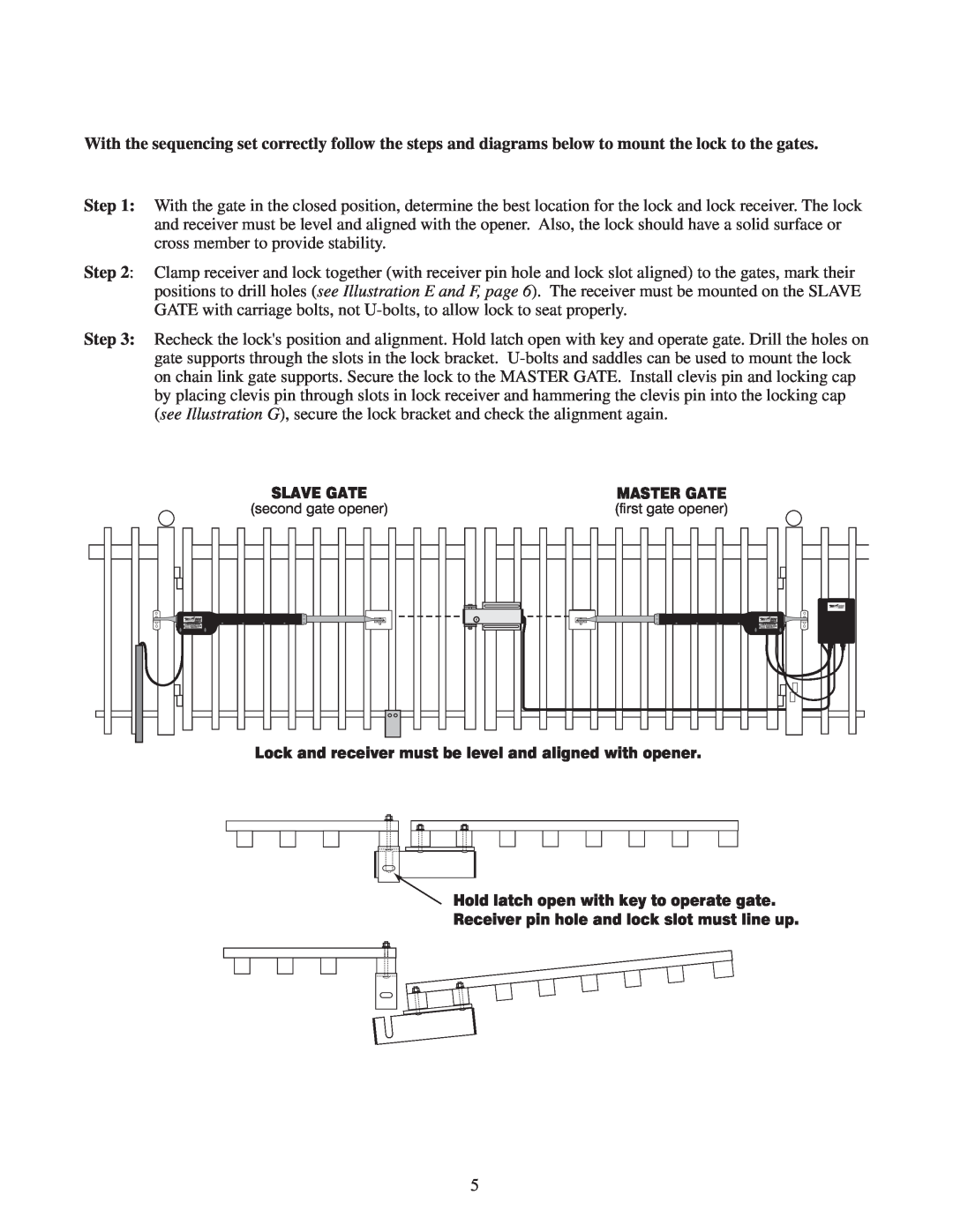 GTO RB909 installation manual Lock and receiver must be level and aligned with opener, Slave Gate, Master Gate 