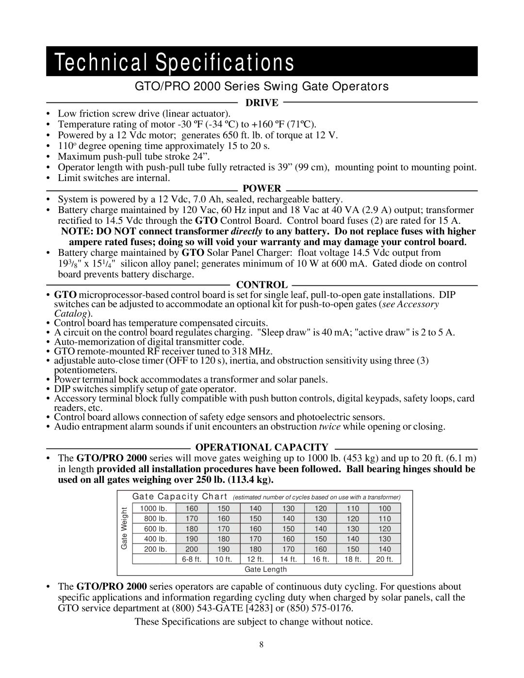 GTO RB923 rev installation manual Technical Specifications, GTO/PRO 2000 Series Swing Gate Operators 