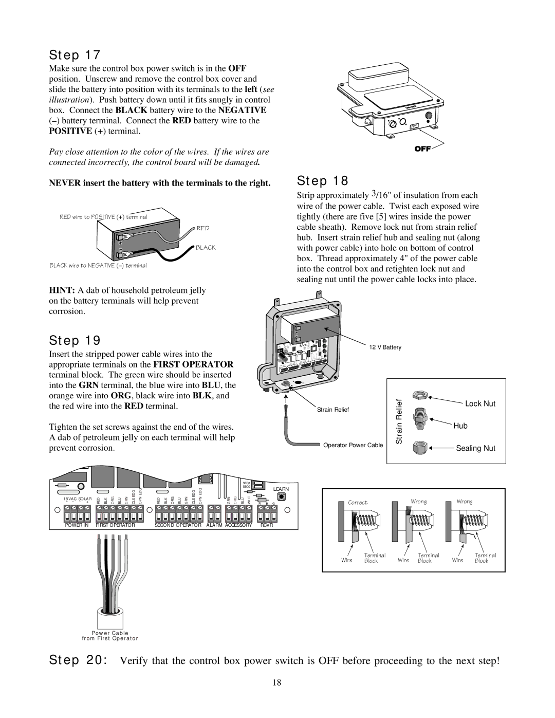 GTO RB923 rev installation manual Never insert the battery with the terminals to the right, Battery 