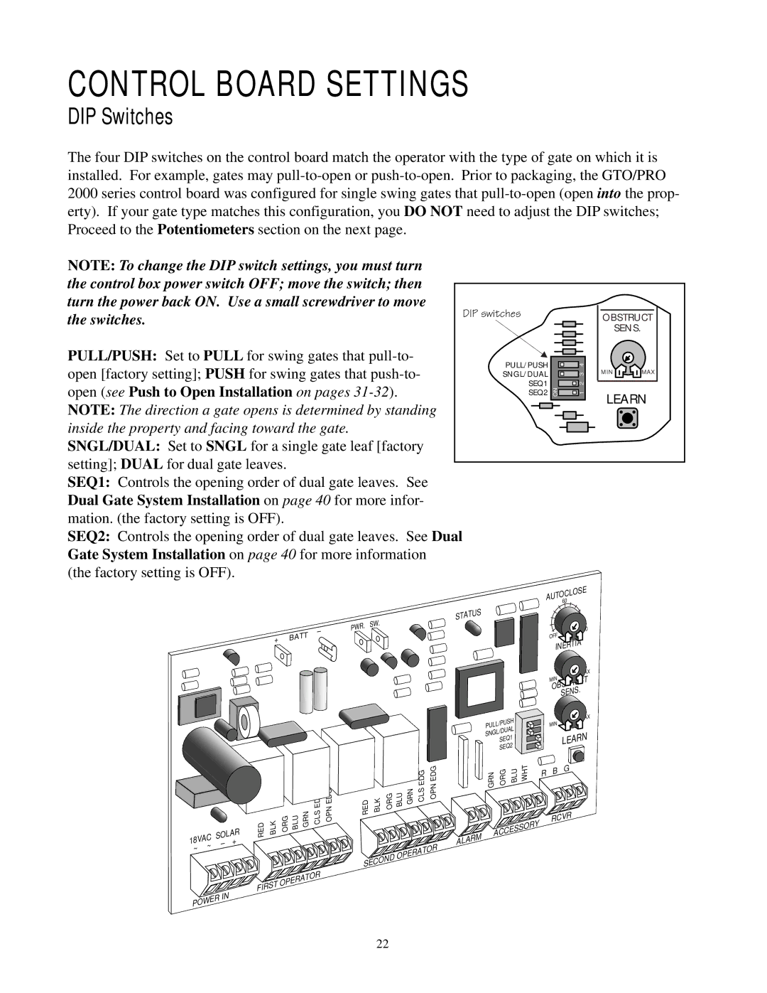 GTO RB923 rev installation manual Control Board Settings, DIP Switches 