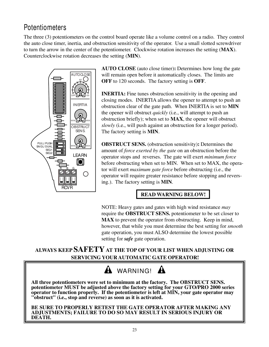 GTO RB923 rev installation manual Potentiometers 