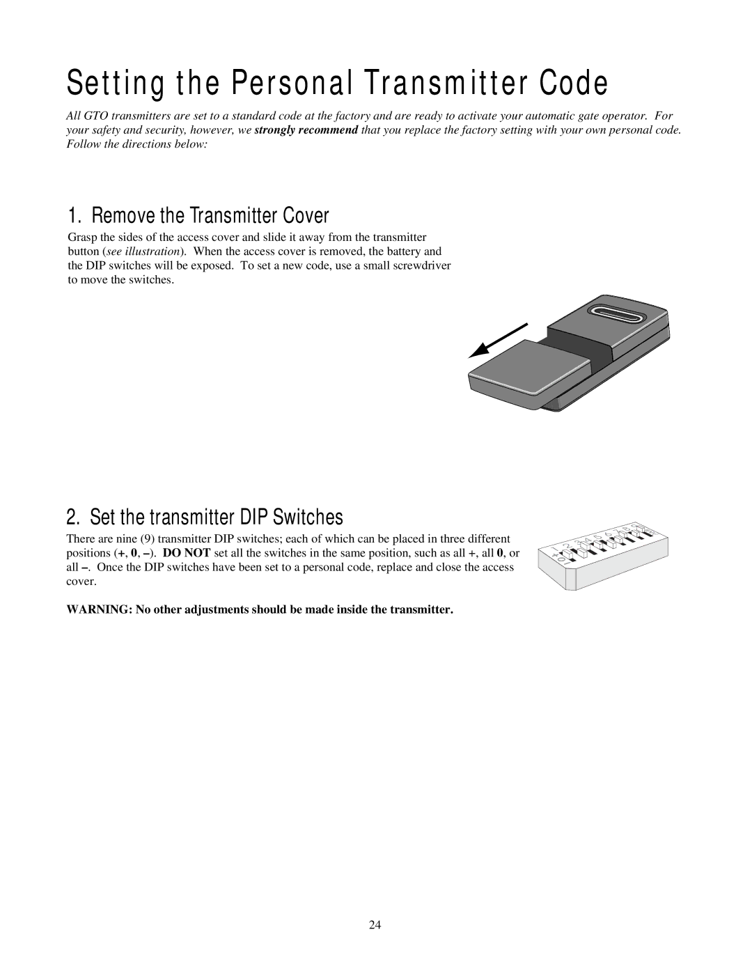 GTO RB923 rev Setting the Personal Transmitter Code, Remove the Transmitter Cover, Set the transmitter DIP Switches 