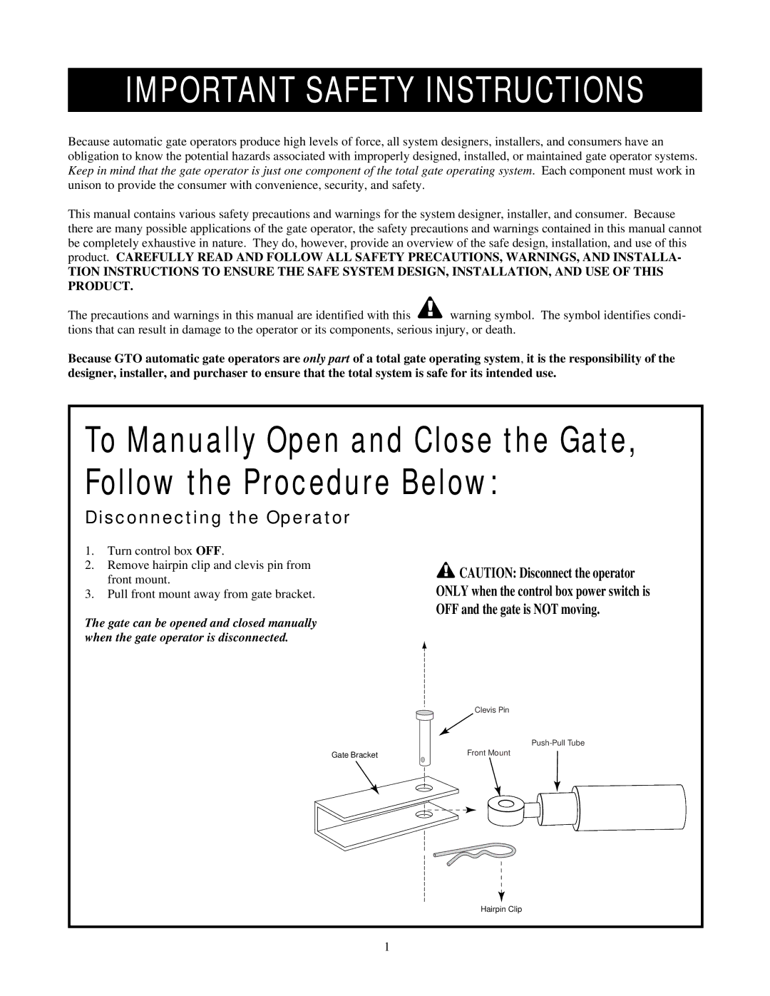 GTO RB923 rev installation manual Important Safety Instructions, Disconnecting the Operator 