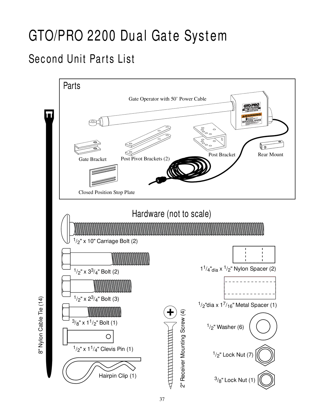 GTO RB923 rev installation manual GTO/PRO 2200 Dual Gate System, Second Unit Parts List 