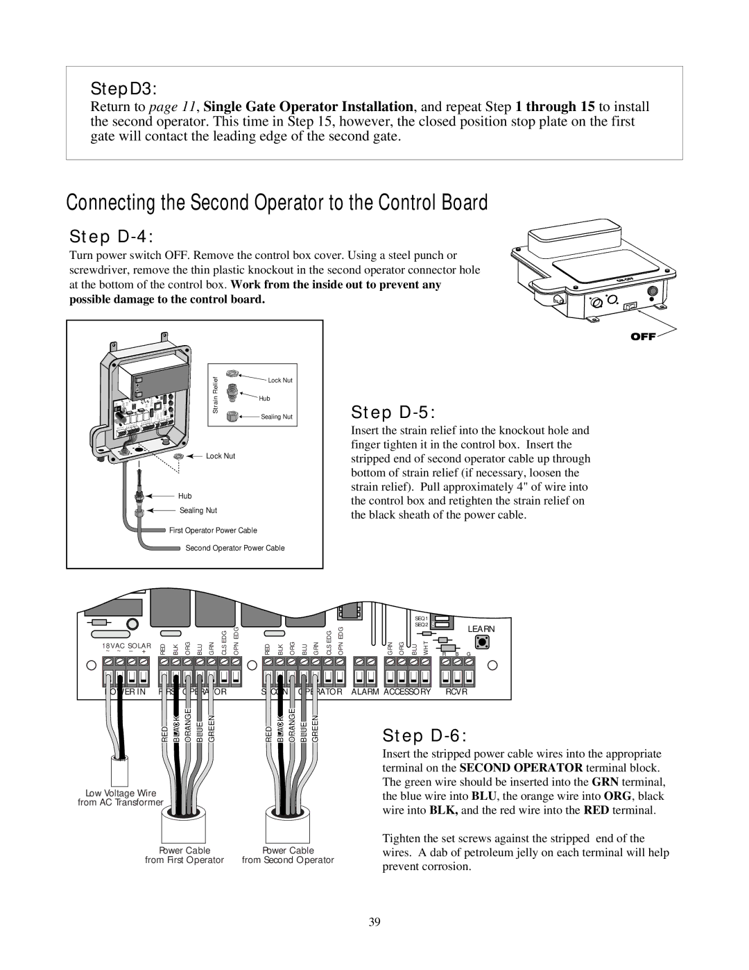 GTO RB923 rev installation manual Connecting the Second Operator to the Control Board, StepD3, Step D-4, Step D-5, Step D-6 