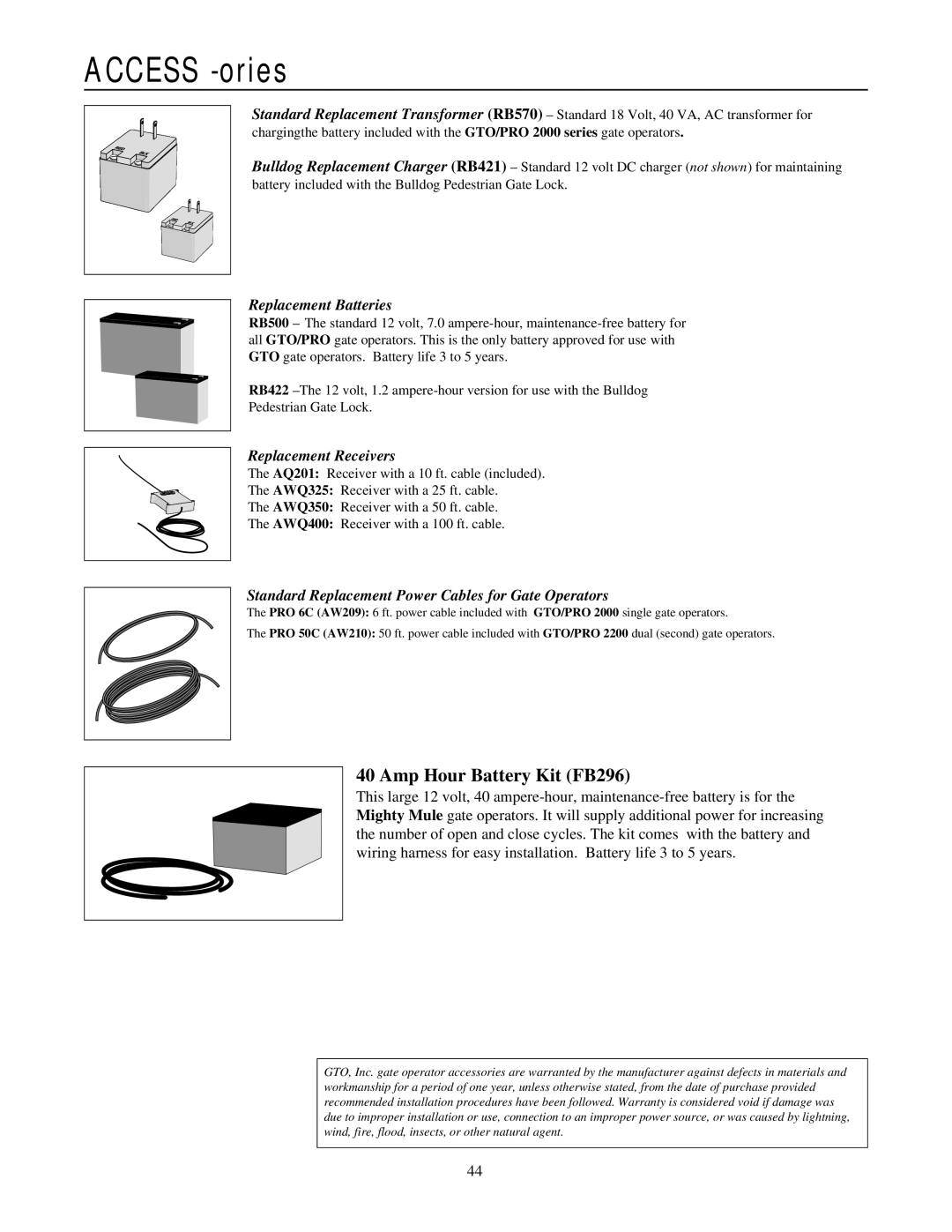 GTO RB923 rev installation manual Access -ories, Replacement Batteries 