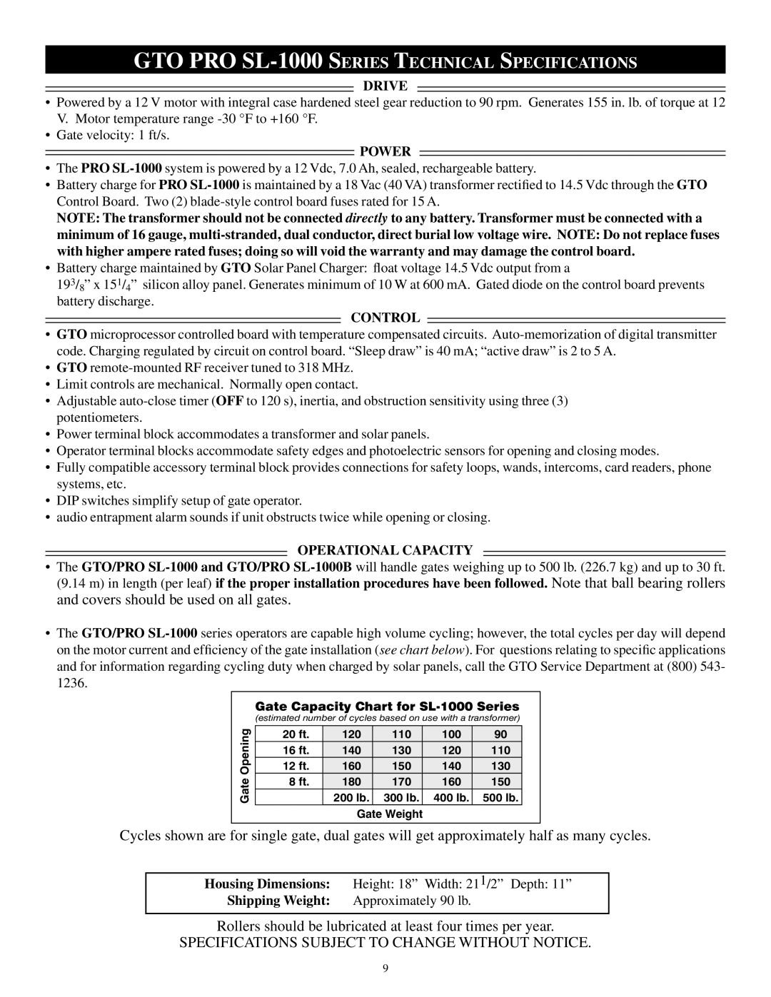 GTO SL-2000B, SL-1000B installation manual GTO PRO SL-1000 Series Technical Specifications 