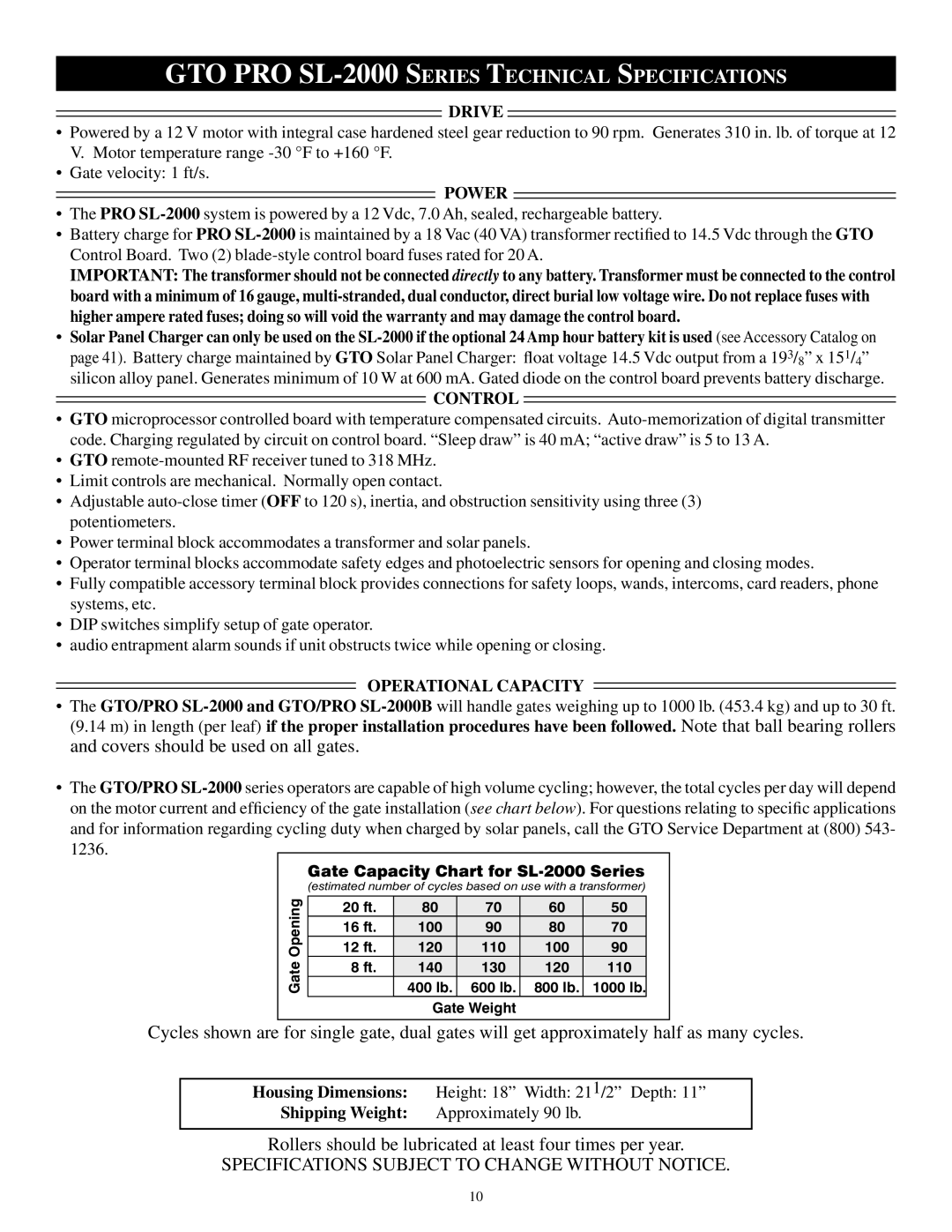 GTO SL-1000B, SL-2000B installation manual GTO PRO SL-2000 Series Technical Specifications 