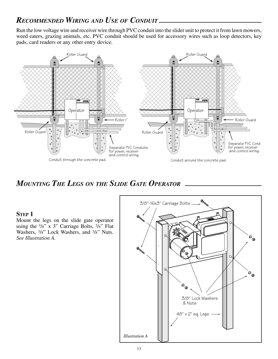 GTO SL-2000B, SL-1000B Recommended Wiring and USE of Conduit, Mounting the Legs on the Slide Gate Operator 