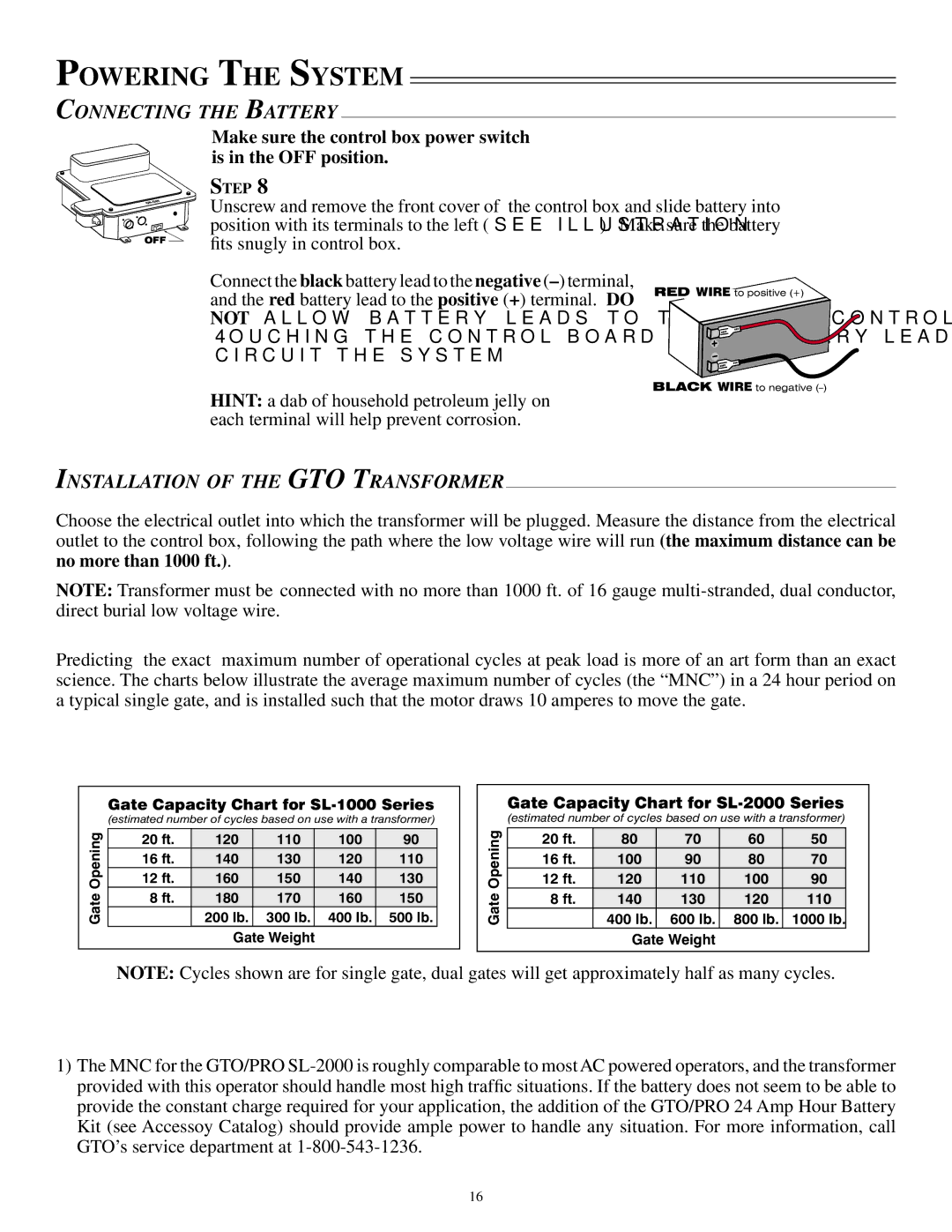 GTO SL-1000B Powering the System, Connecting the Battery, Installation of the GTO Transformer, No more than 1000 ft 