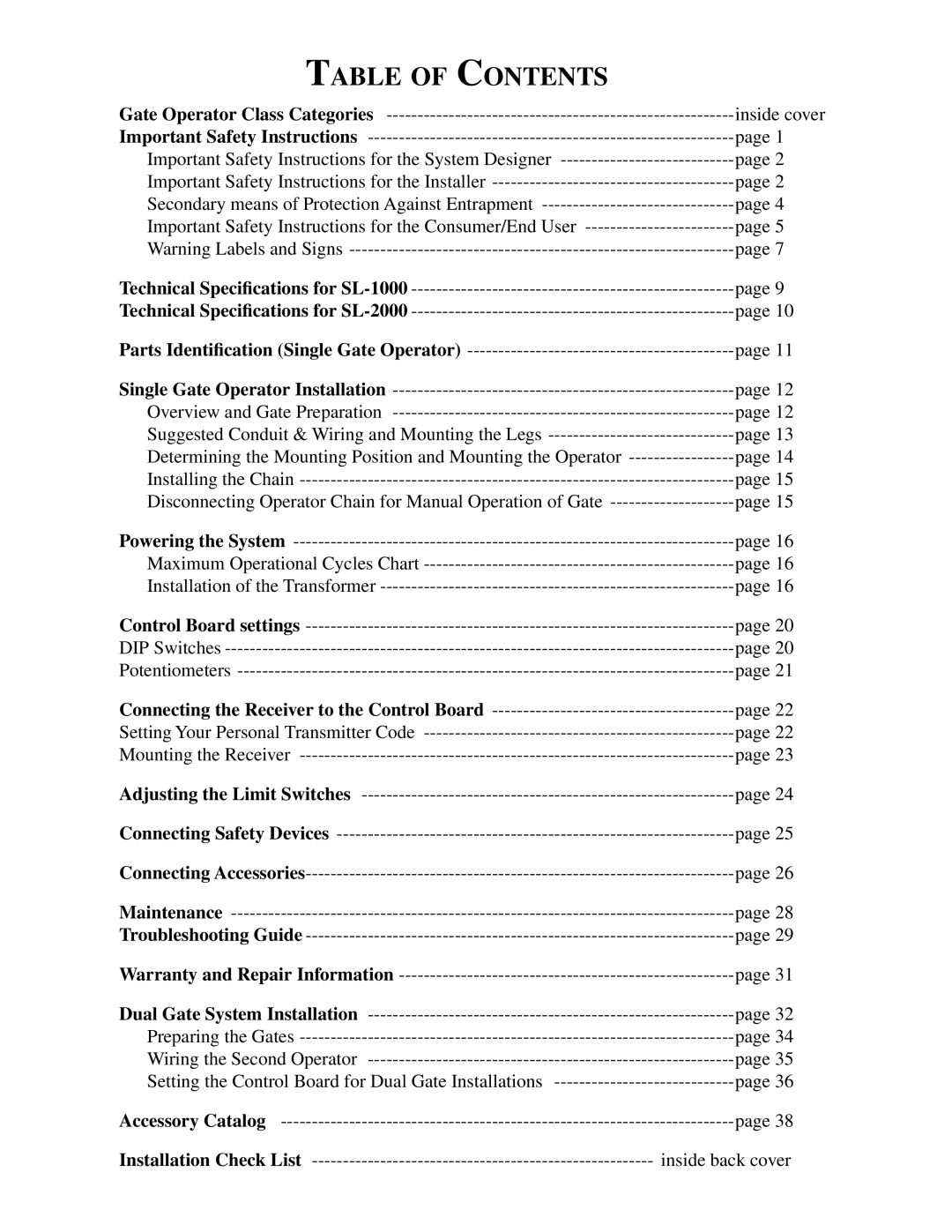 GTO SL-1000B, SL-2000B installation manual Table of Contents 