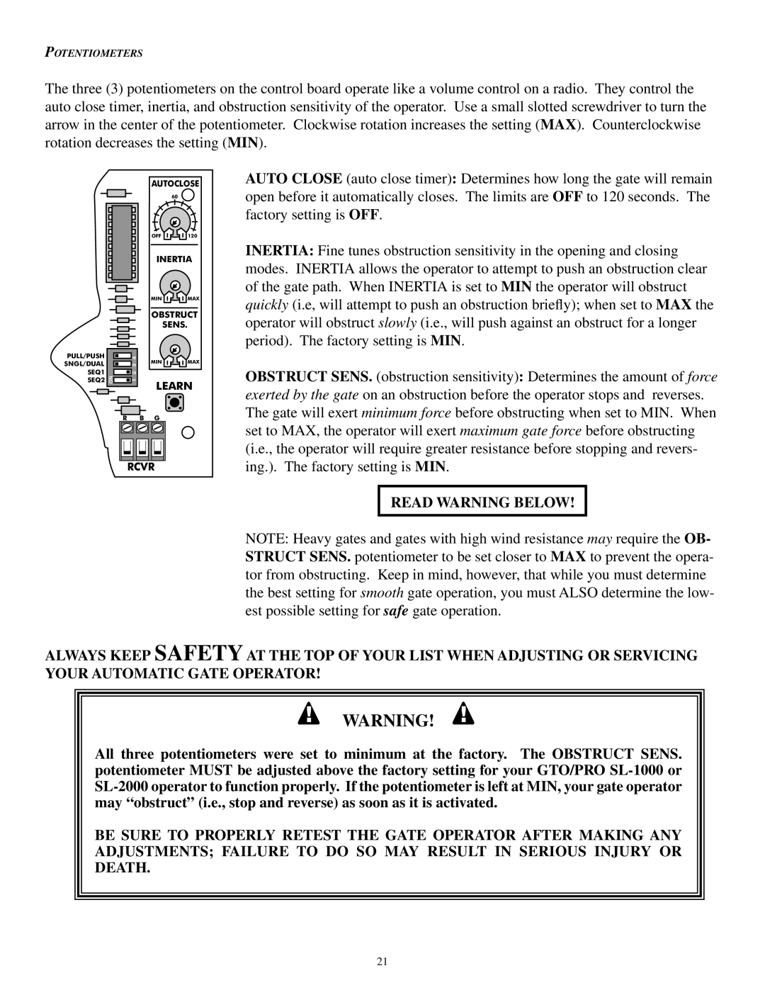 GTO SL-2000B, SL-1000B installation manual Potentiometers 