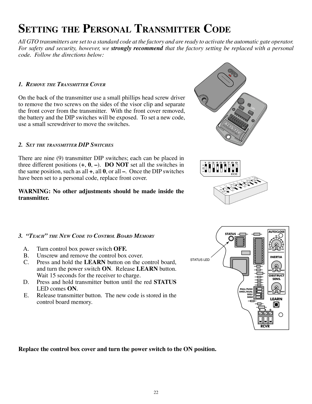 GTO SL-1000B, SL-2000B installation manual Setting the Personal Transmitter Code 