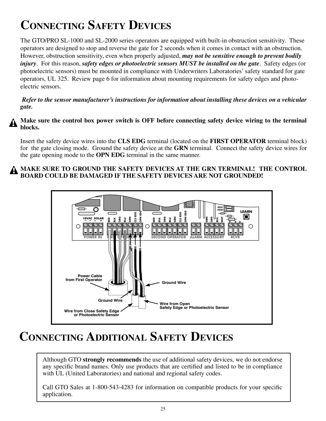 GTO SL-2000B, SL-1000B installation manual Connecting Safety Devices, Connecting Additional Safety Devices 