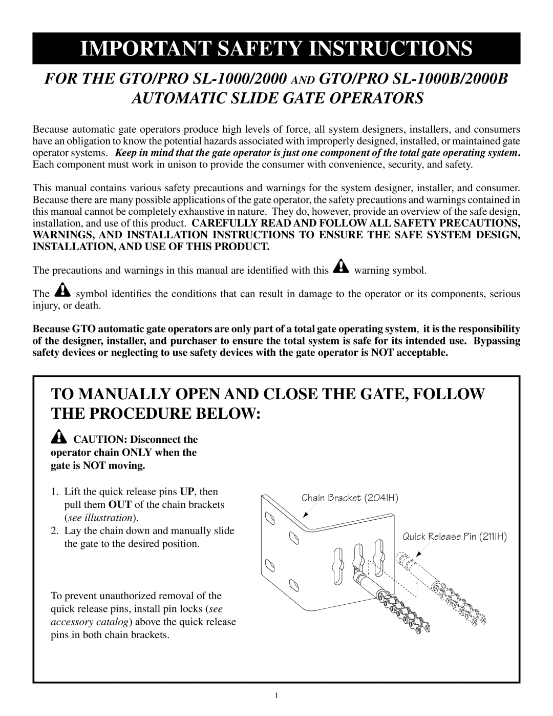 GTO SL-2000B, SL-1000B installation manual Important Safety Instructions 