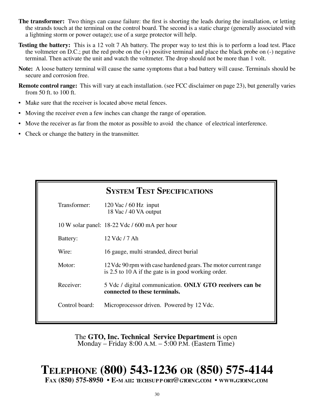 GTO SL-1000B, SL-2000B installation manual System Test Specifications, Connected to these terminals 