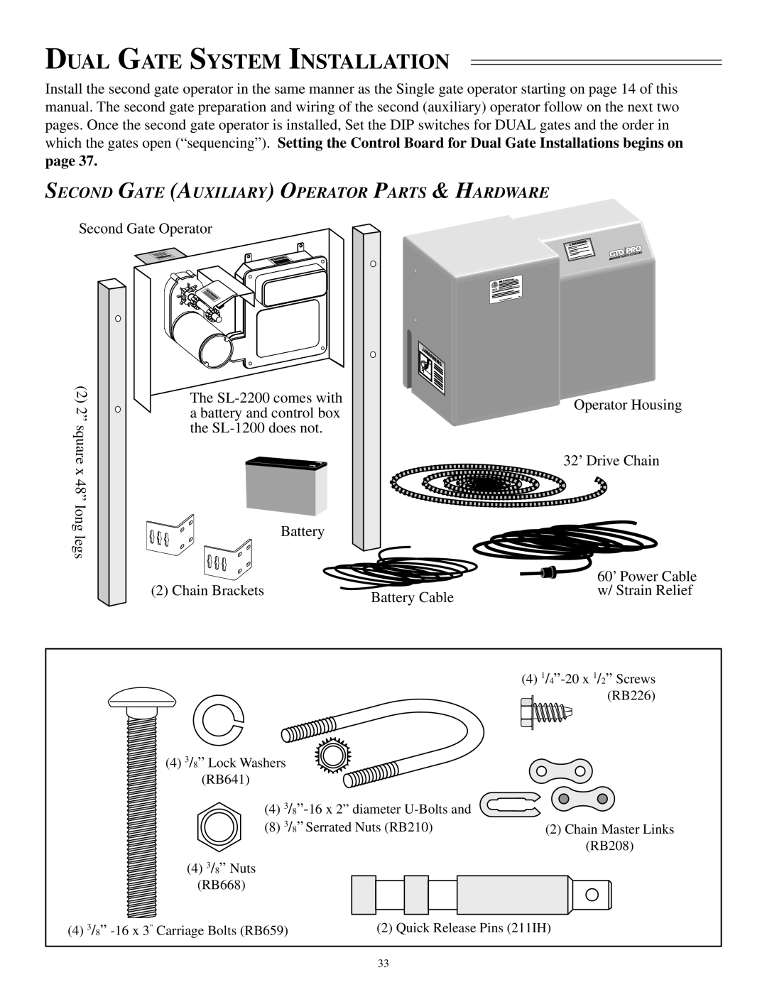 GTO SL-2000B, SL-1000B installation manual Dual Gate System Installation, Second Gate Auxiliary Operator Parts & Hardware 