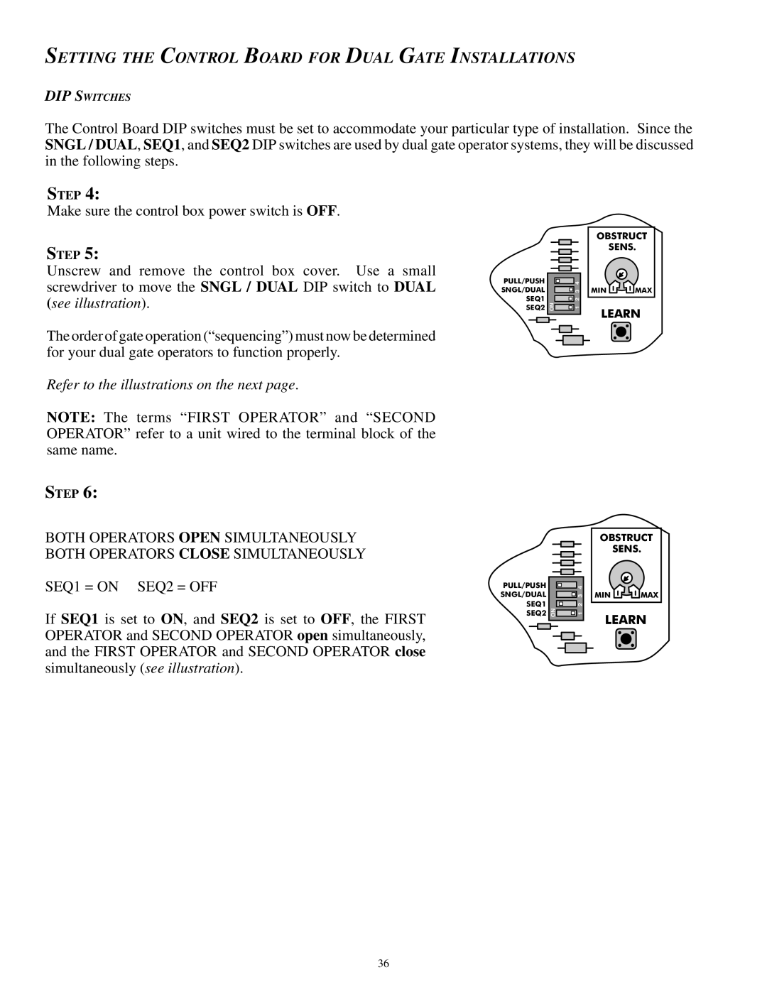 GTO SL-1000B, SL-2000B Setting the Control Board for Dual Gate Installations, Refer to the illustrations on the next 