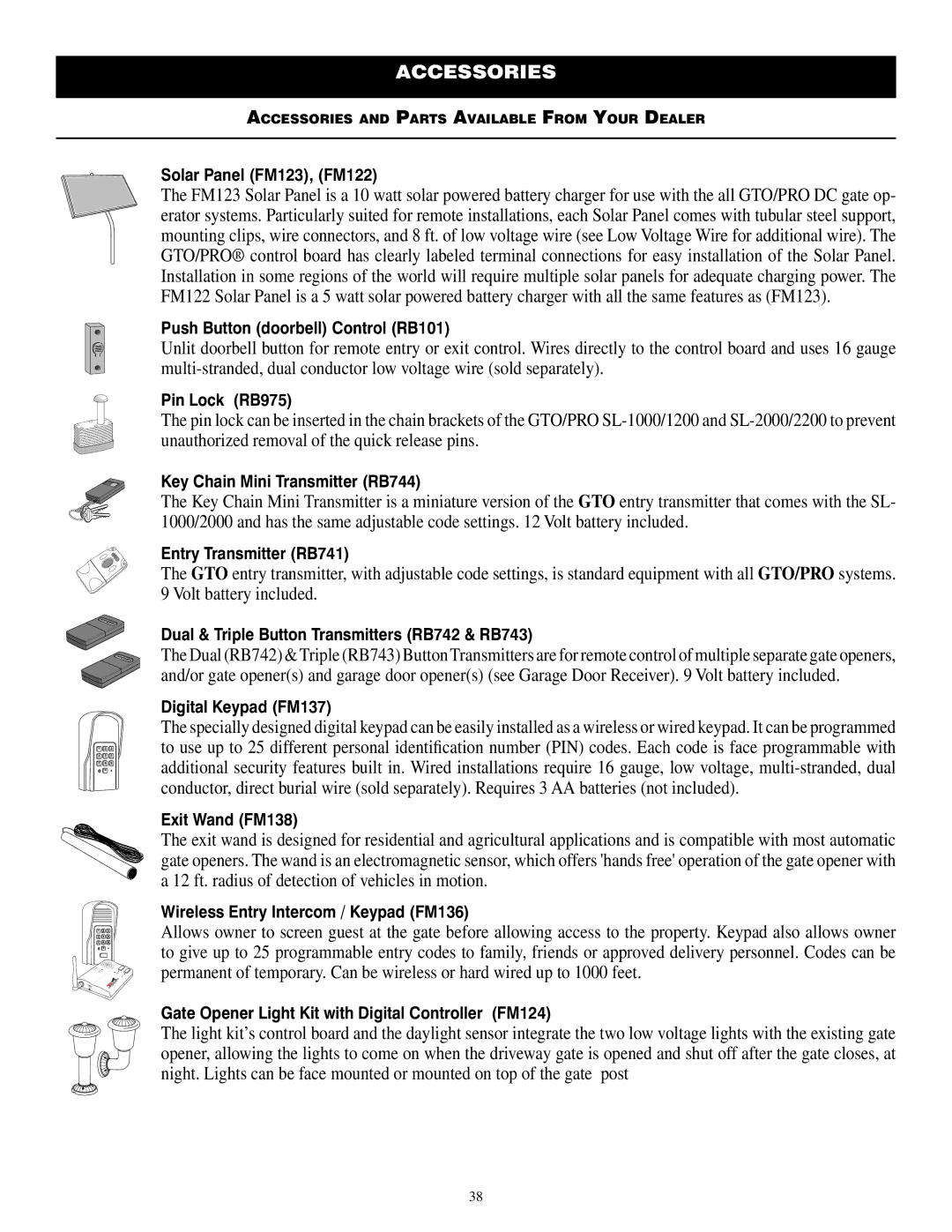 GTO SL-1000B, SL-2000B installation manual Accessories 