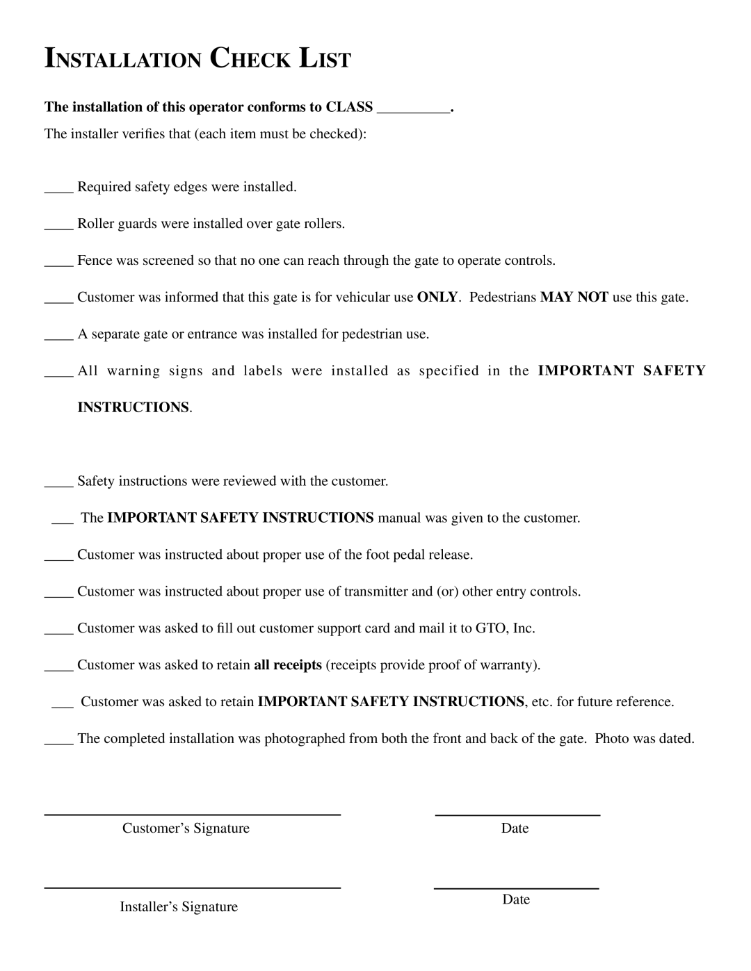 GTO SL-2000B, SL-1000B Installation Check List, Installation of this operator conforms to Class, Instructions 