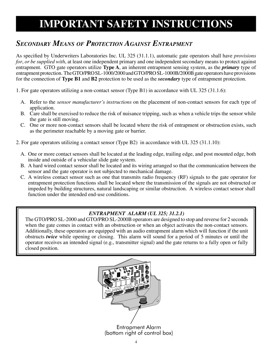 GTO SL-1000B, SL-2000B installation manual Secondary Means of Protection Against Entrapment, Entrapment Alarm UL 325 