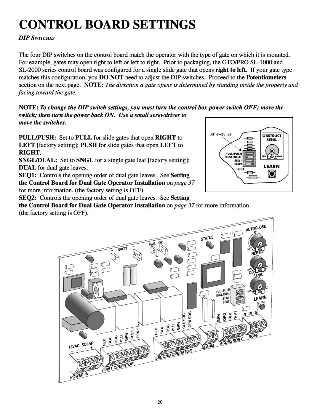 GTO SL-1000B, SL-2000B installation manual Control Board Settings, move the switches, Right 