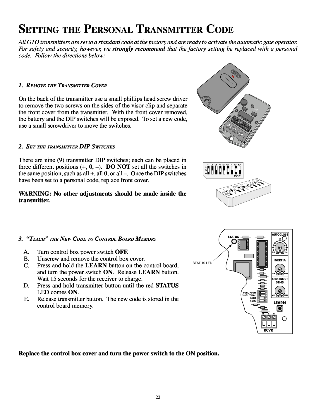 GTO SL-1000B Setting The Personal Transmitter Code, WARNING No other adjustments should be made inside the transmitter 