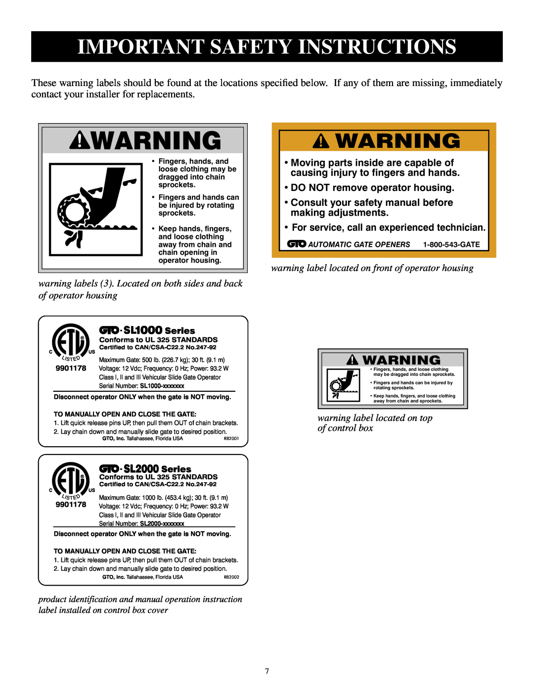 GTO SL-2000B Important Safety Instructions, warning labels 3. Located on both sides and back of operator housing, Series 