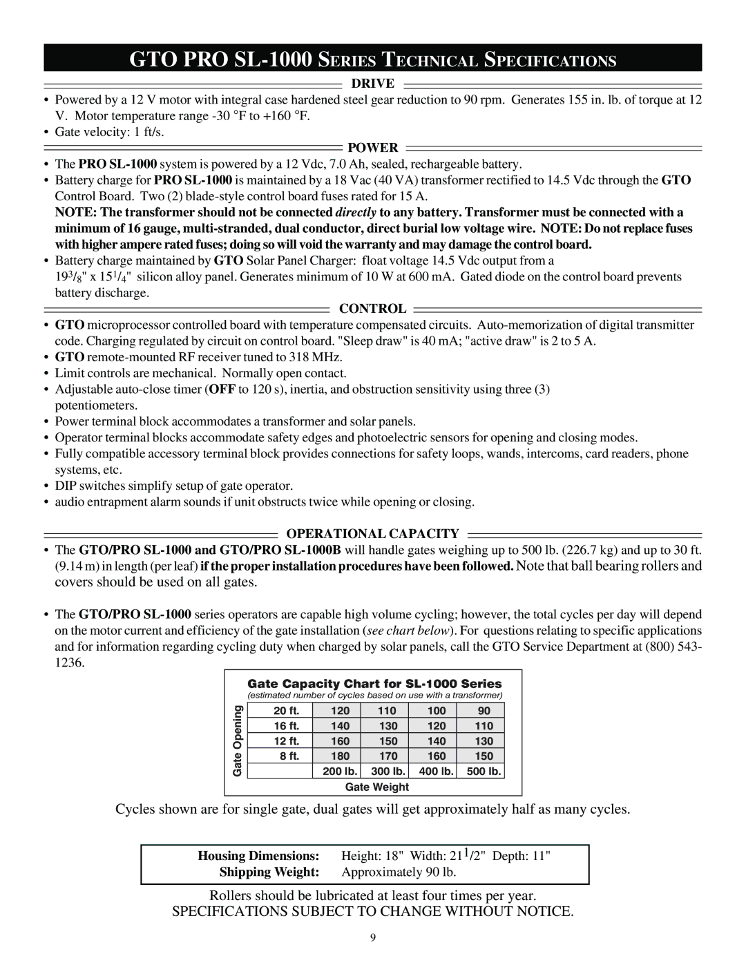 GTO SL-2000 installation manual GTO PRO SL-1000 Series Technical Specifications 