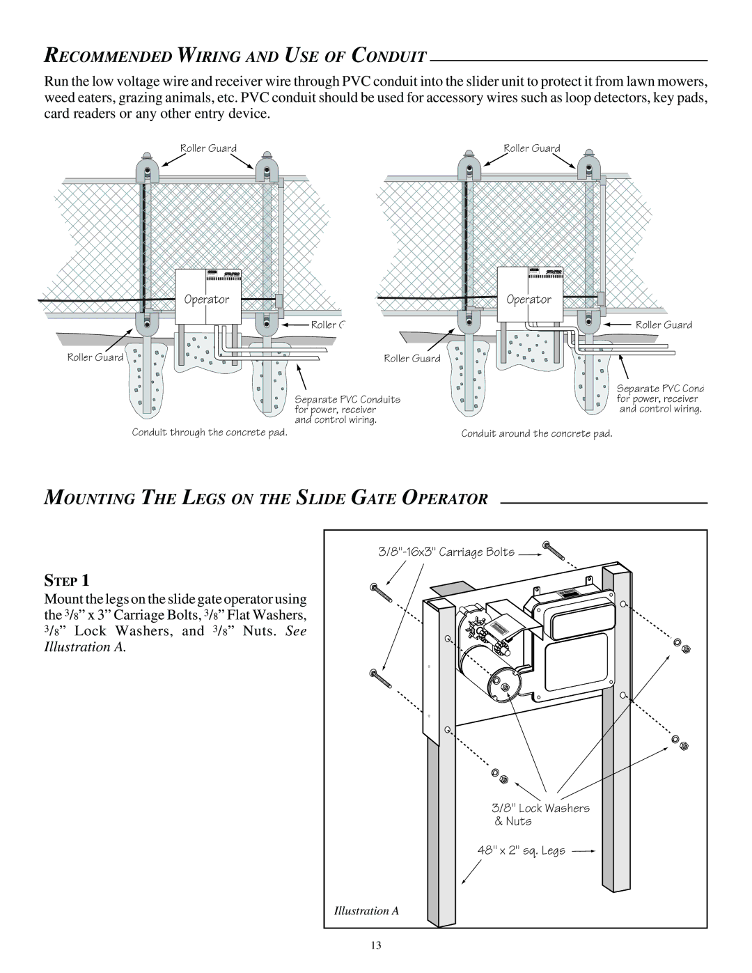 GTO SL-2000, SL-1000 installation manual Recommended Wiring and USE of Conduit, Mounting the Legs on the Slide Gate Operator 