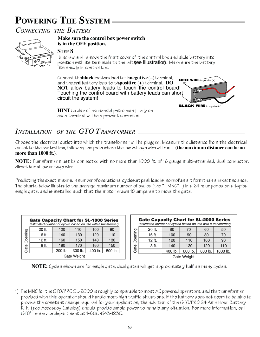 GTO SL-1000, SL-2000 installation manual Powering the System, Connecting the Battery, Installation of the GTO Transformer 