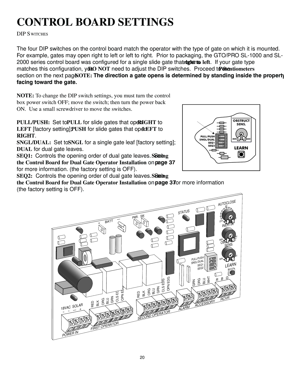 GTO SL-1000, SL-2000 installation manual Control Board Settings, Right 